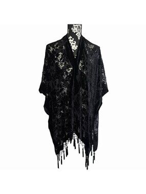 Black Velvet Kimono Shawl Butterflies Floral Burnout Tassel Fringe Wrap OS Goth